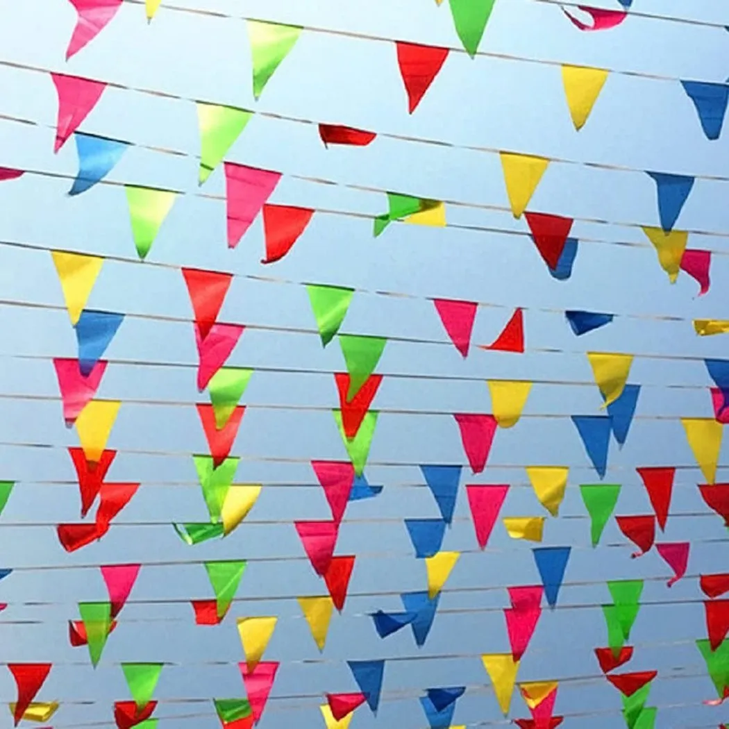 1*Colorful 100m Triangle Flag Pennant Bunting String Banner Garland Festival Party Holiday Home Outdoor Garden Decoration
1*Colorful 100m Triangle Flag Pennant Bunting String Banner Garland Festival Party Holiday Home Outdoor Garden Decoration
