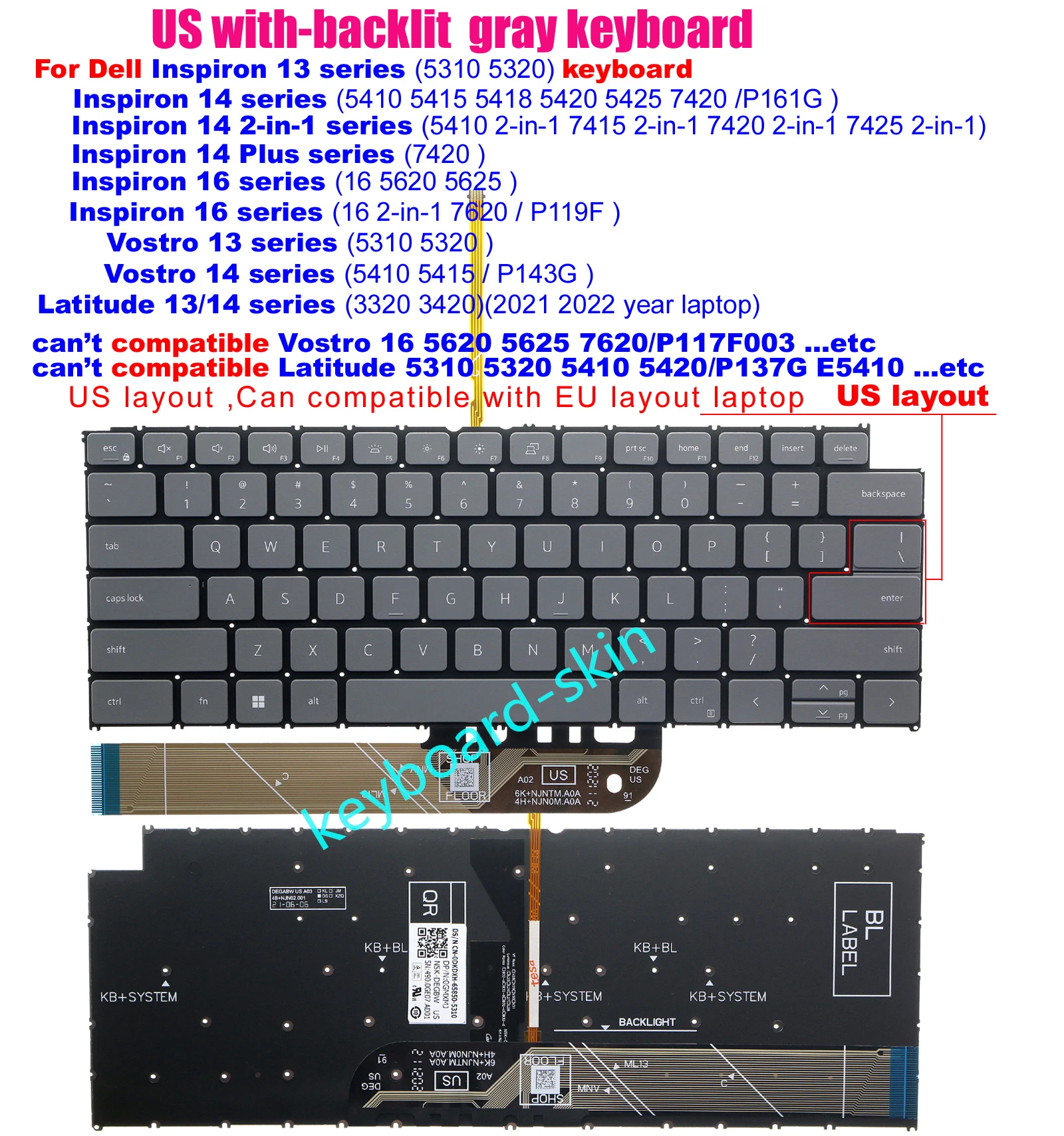 

US backlit Keyboard For Dell Inspiron 5310 5320 5410 5418 5420 5425 7415 7425 2-in-1 16 5620 5625 7620 P119F P161G 14 Plus 7420