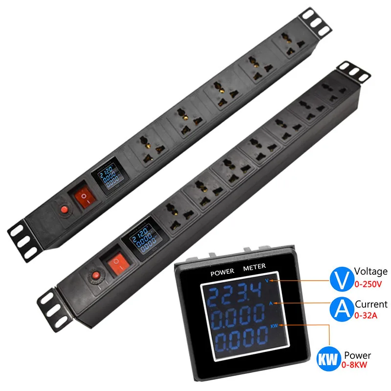 

19 Inch Cabinet Mount pdu power strip with Digital V/A/W Power Meter Switch 4/6AC Universal Outlets Overload Protection