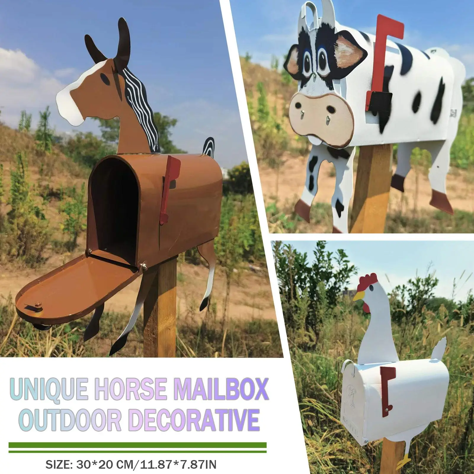 

Unique Chicken Cow Horse Mailbox Metal Wall Mounted Post Box Weatherproof Farm Animal Mailboxes Outside Garden Decoration Crafts