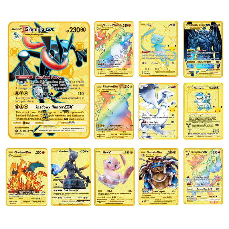 Блестящие золотые металлические карты Pokemon, Charizard Eevee Mewtwo Pikachu Game, коллекционная карточка, модель, детский подарок, игрушка покемон
Блестящие золотые металлические карты Pokemon, Charizard Eevee Mewtwo Pikachu Game, коллекционная карточка, модель, детский подарок, игрушка покемон
