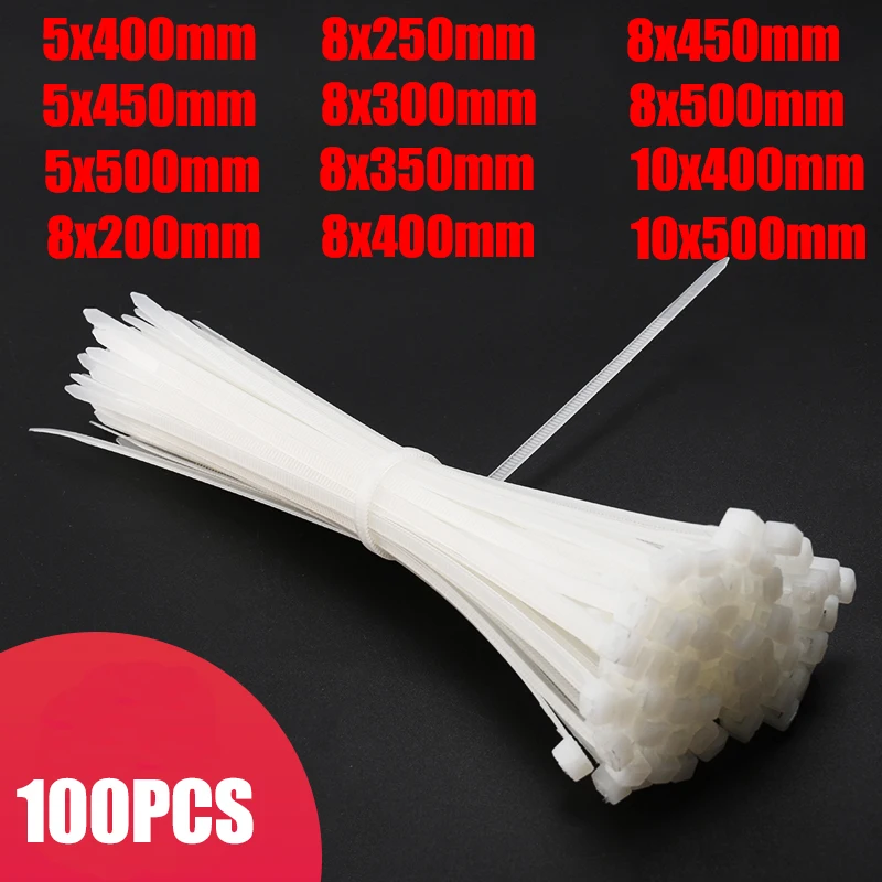 

Self-Locking Plastic Nylon Wire Cable Zip Ties 100pcs White Cable Ties Fasten Loop Cable Various specifications 8x400mm/500mm