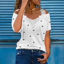 Plus Size Women Sexy Cold Shoulder V-Neck Lace T-Shirt Ladies Casual Solid Blouse Tops Tee High Quality Clothing 2023