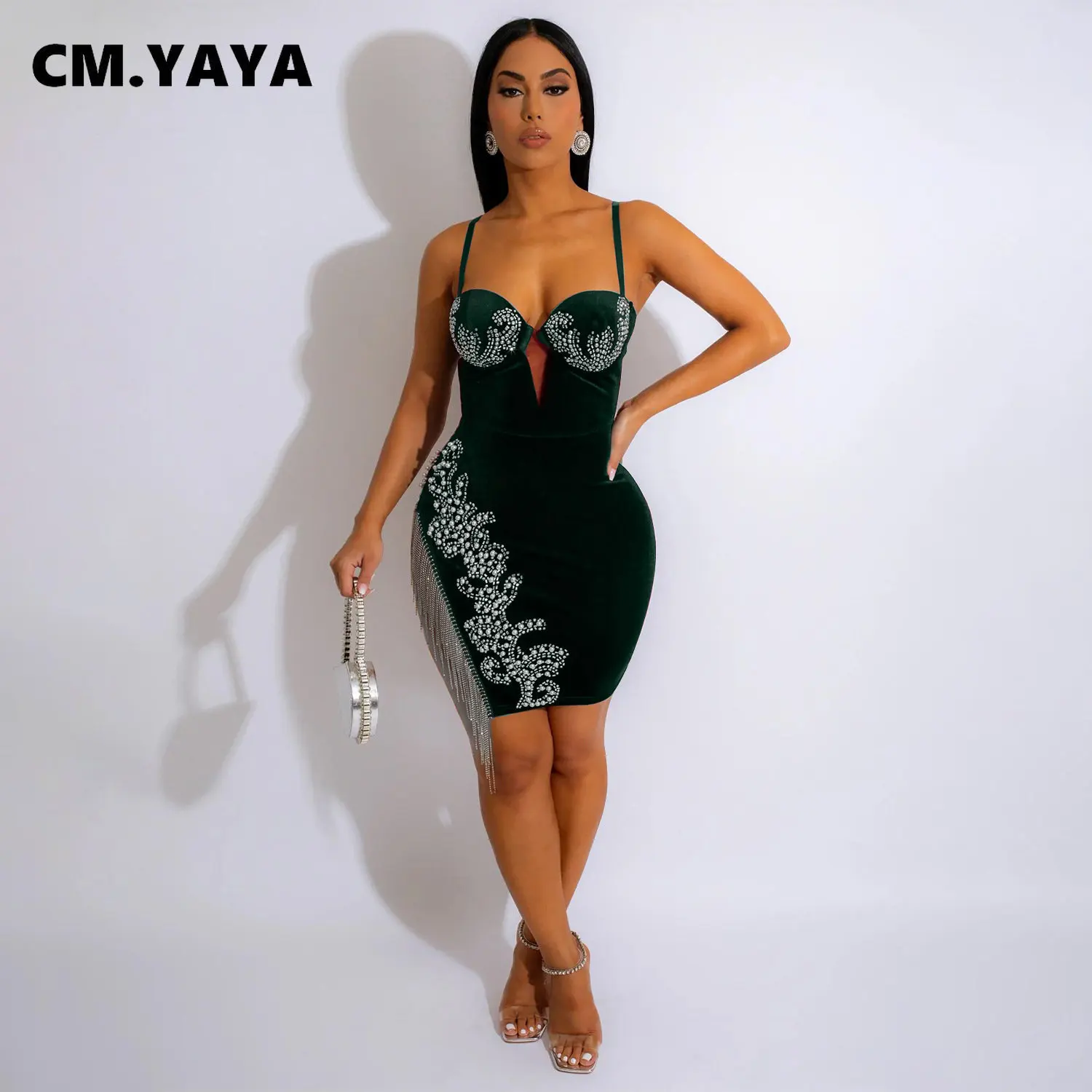 CM.YAYA Velvet Women Tassel Slit Side Spaghetti Strap Sweetheart Collar Bodycon Mini Dress INS Sexy Night Party Club Dresses
CM.YAYA Velvet Women Tassel Slit Side Spaghetti Strap Sweetheart Collar Bodycon Mini Dress INS Sexy Night Party Club Dresses