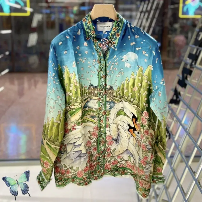 New CASABLANCA Shirts Church Swan Flower Print Long Sleeved Tops Beach Holiday Leisure Men Women Soft Thin Shirt
New CASABLANCA Shirts Church Swan Flower Print Long Sleeved Tops Beach Holiday Leisure Men Women Soft Thin Shirt