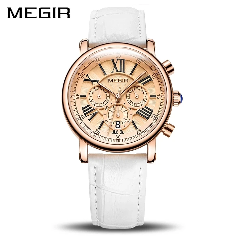 

MEGIR Hot Chronograph Women's Watches Famous Luxury Top Brand Roman Numerals Female Clock Leather Quartz Ladies Watch Women 2058