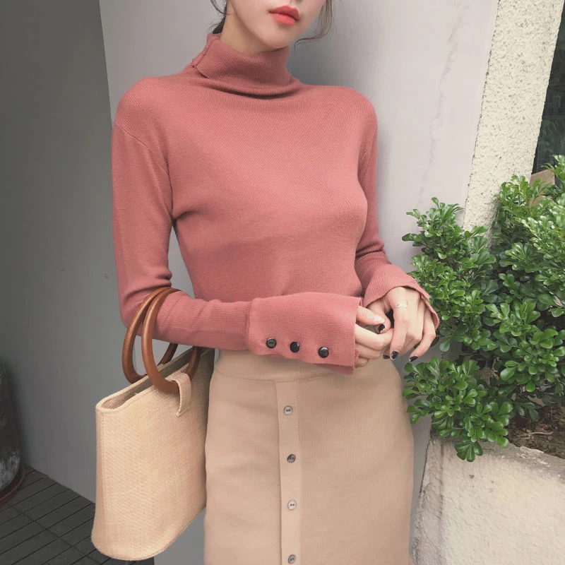 Chic Cuff Button Knitted Sweaters Women Korean Basic Long Sleeve Turtleneck Jumper Ladies Elastic Simple Solid Color Knitwear
Chic Cuff Button Knitted Sweaters Women Korean Basic Long Sleeve Turtleneck Jumper Ladies Elastic Simple Solid Color Knitwear
