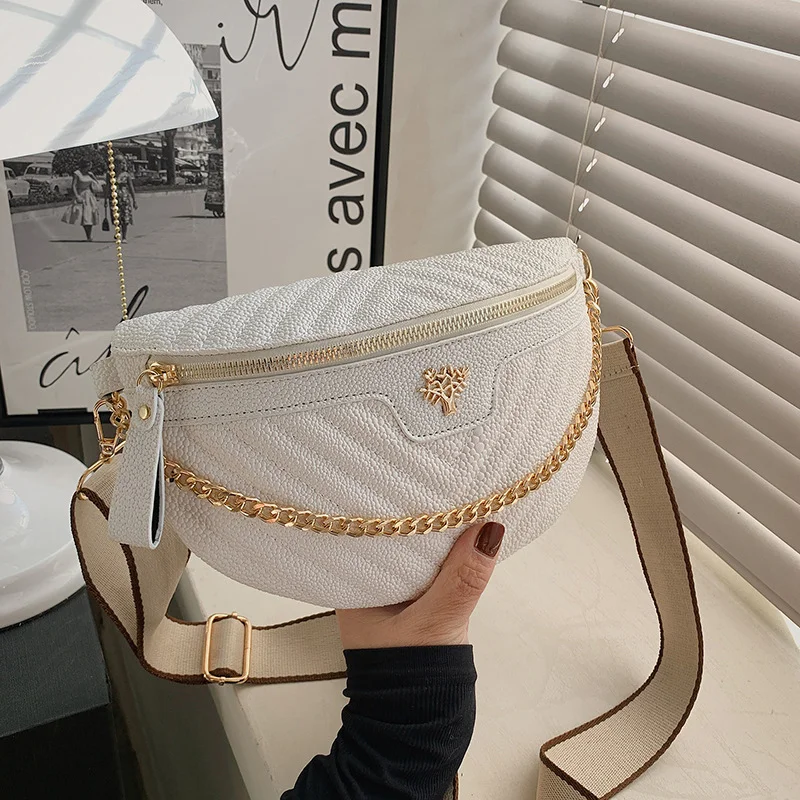 

Luxury Tabby PU Leather Chain Waist Bags For Women Trendy V Stripe Fanny Pack Applique Waist Pack Wide Strap Crossbody Chest Bag