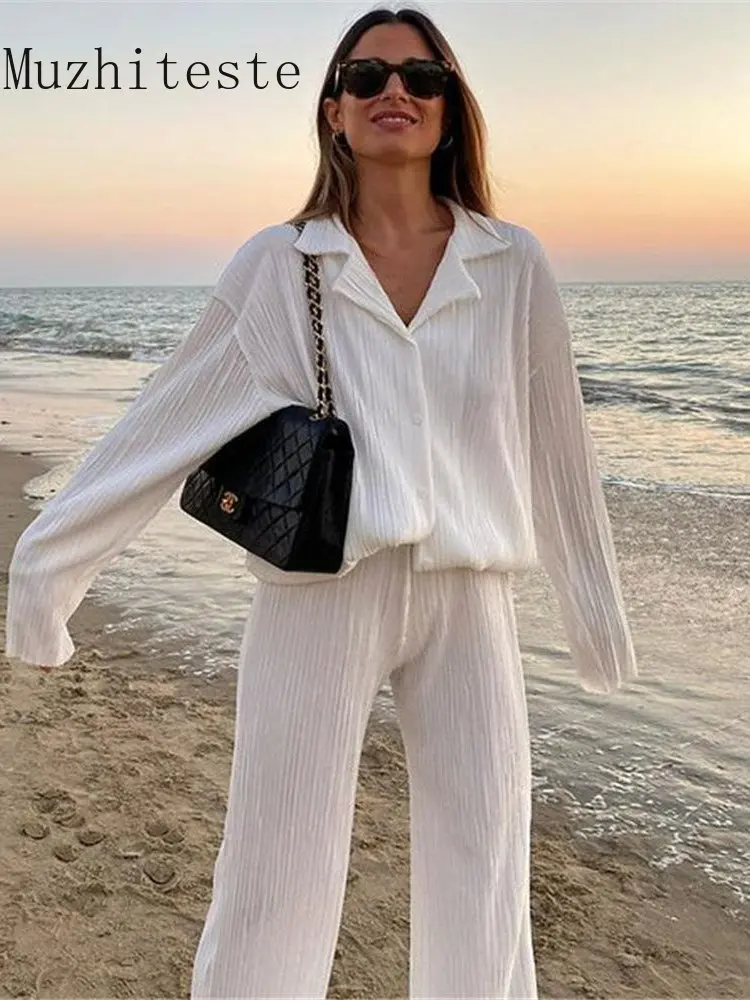 Spring Summer New In Fashion Pleated Design Shirt Set Straight Leg Trousers Loose Two Piece Sets Womens Outifits Women's Pants
Spring Summer New In Fashion Pleated Design Shirt Set Straight Leg Trousers Loose Two Piece Sets Womens Outifits Women's Pants
