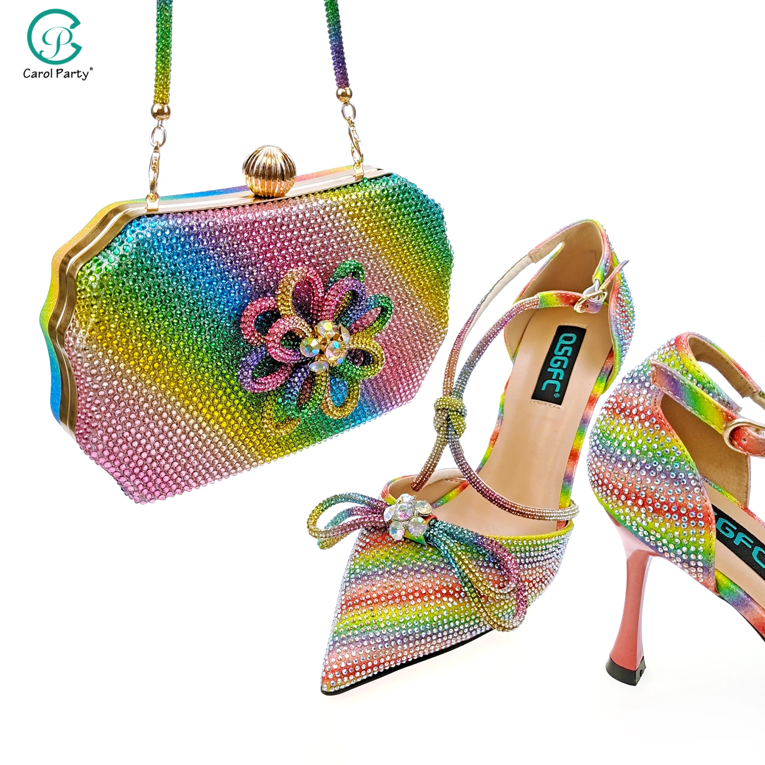 

2022 Newest Party Shoes Ladies Shoes and Bag SetFull Diamond Butterfly Design in Rainbow Color