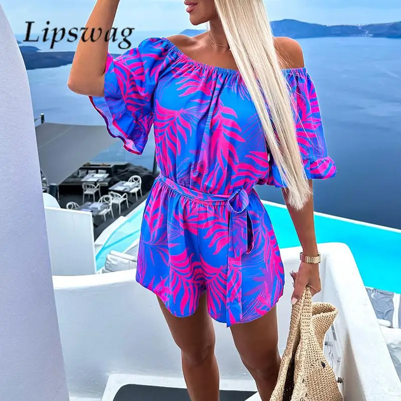 

Summer Flared Half Sleeve Waisted Shorts Playsuit Sexy Slant Neck Off Shoulder Romper Seaside Holiday Floral Print Mini Jumpsuit