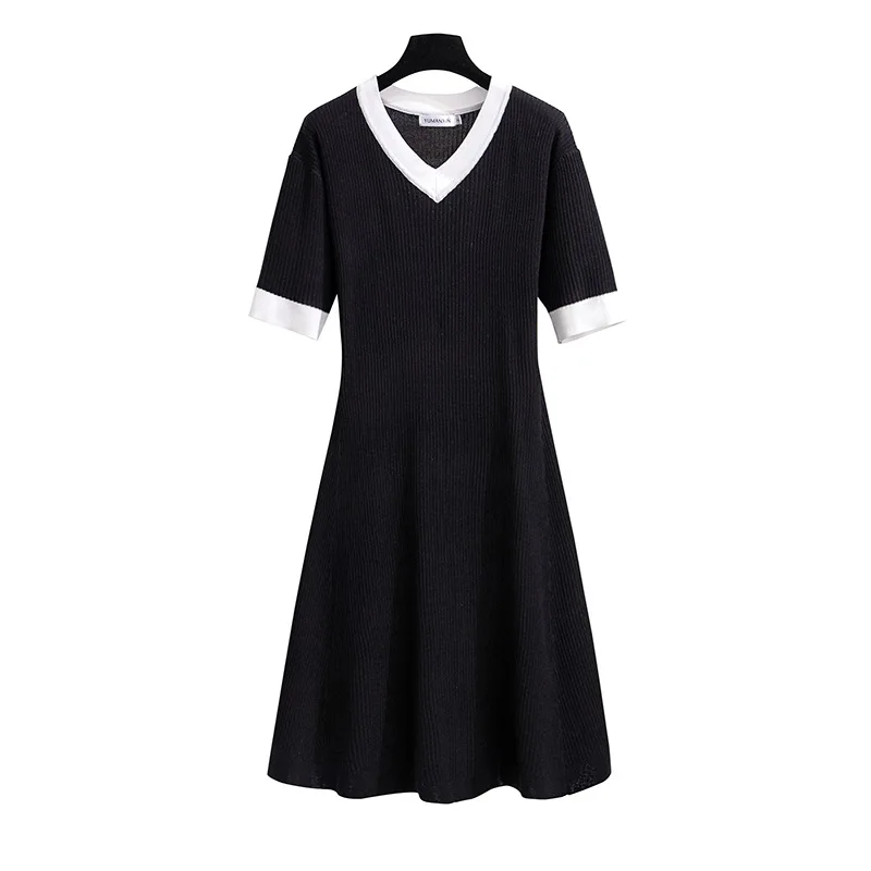 

Summer Oversized Women's Ice Silk Knitted V-neck Dress Summer Big Size Show Thin Medium Length Dress 100/150 Kg 5XL 6XL 7XL