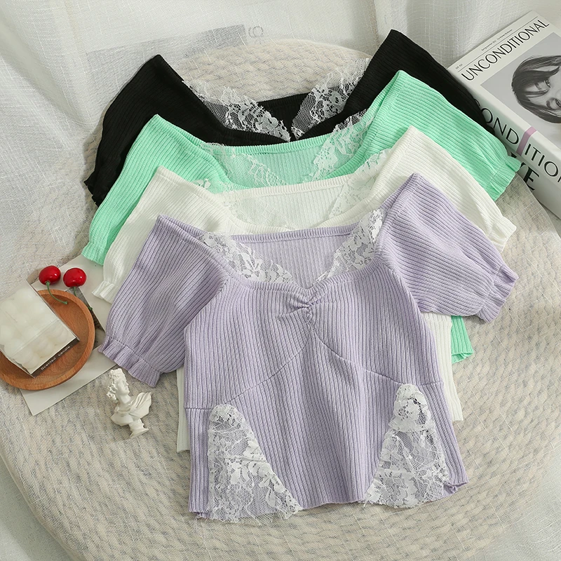 Korean lace stitching Slim Short-sleeved Knitted T-shirt Women's Tops 2022 Summer Solid Casual Tight Tops Women T-shirts Tees
Korean lace stitching Slim Short-sleeved Knitted T-shirt Women's Tops 2022 Summer Solid Casual Tight Tops Women T-shirts Tees