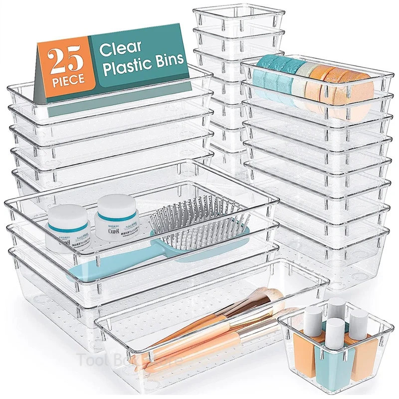 

25PCs Desk Drawer Organizers Set Plastic Bathroom Storage Makeup Organizer Clear Pantry Organization Multi Size Storage Box