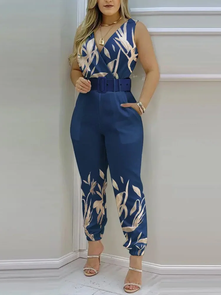 

Women Fashion Elegant Print Sleeveless Partywear Jumpsuits 2023 Summer Office Lady WorkWear Casual Sexy V Neck Belted Jumpsuit