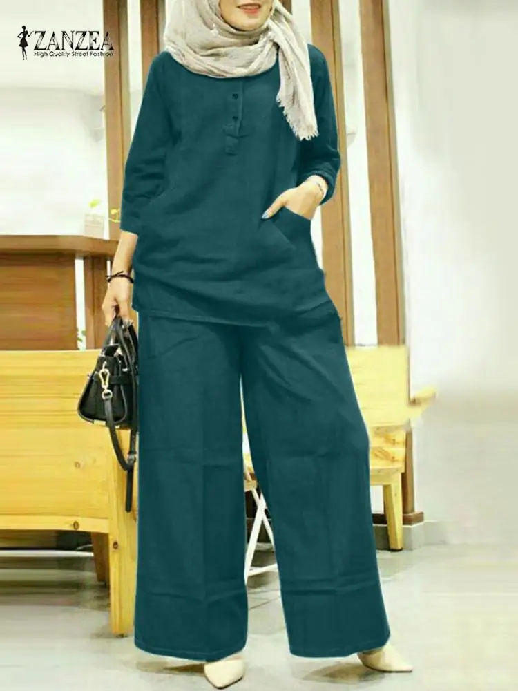 2022 ZANZEA Muslim Matching Sets 3/4 Sleeve Blusas Female Elastic Waist Long Pantalon 2PCS Women Spring Solid Buttons Pants Sets
2022 ZANZEA Muslim Matching Sets 3/4 Sleeve Blusas Female Elastic Waist Long Pantalon 2PCS Women Spring Solid Buttons Pants Sets