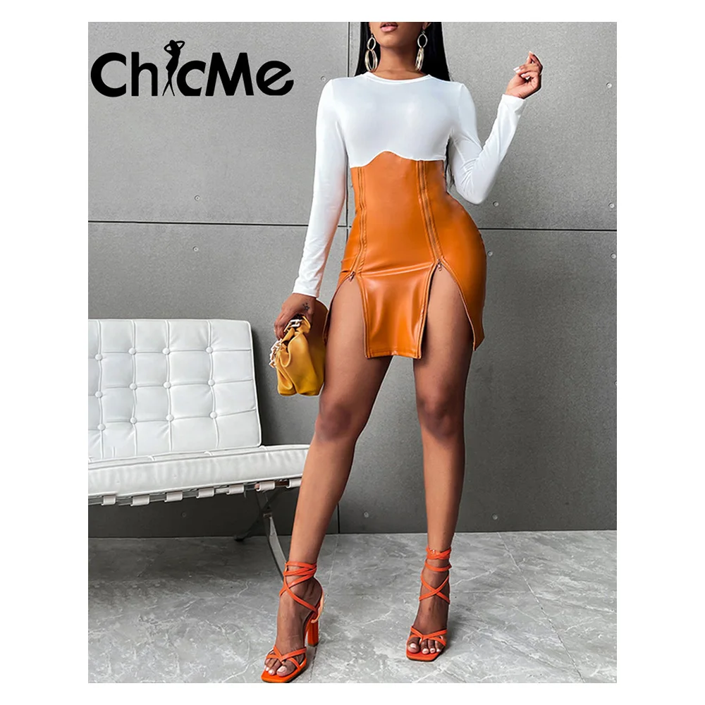 Chicme Spring Women PU Leather Patch Zipper Colorblock Design Bodycon Dress Party Long Sleeve Mini Birthday Dress Elegant
Chicme Spring Women PU Leather Patch Zipper Colorblock Design Bodycon Dress Party Long Sleeve Mini Birthday Dress Elegant