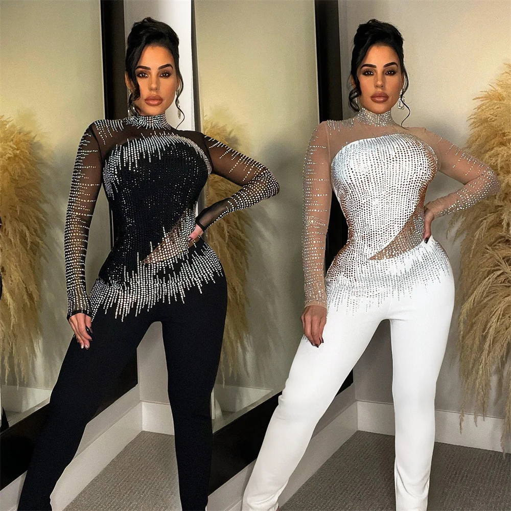 

Elegant Black White Sheer Mesh Crystal Jumpsuits Luxury Long Sleeve Diamonds Skinny Jumpsuits Nightclub Outfits Sexy Clubwear