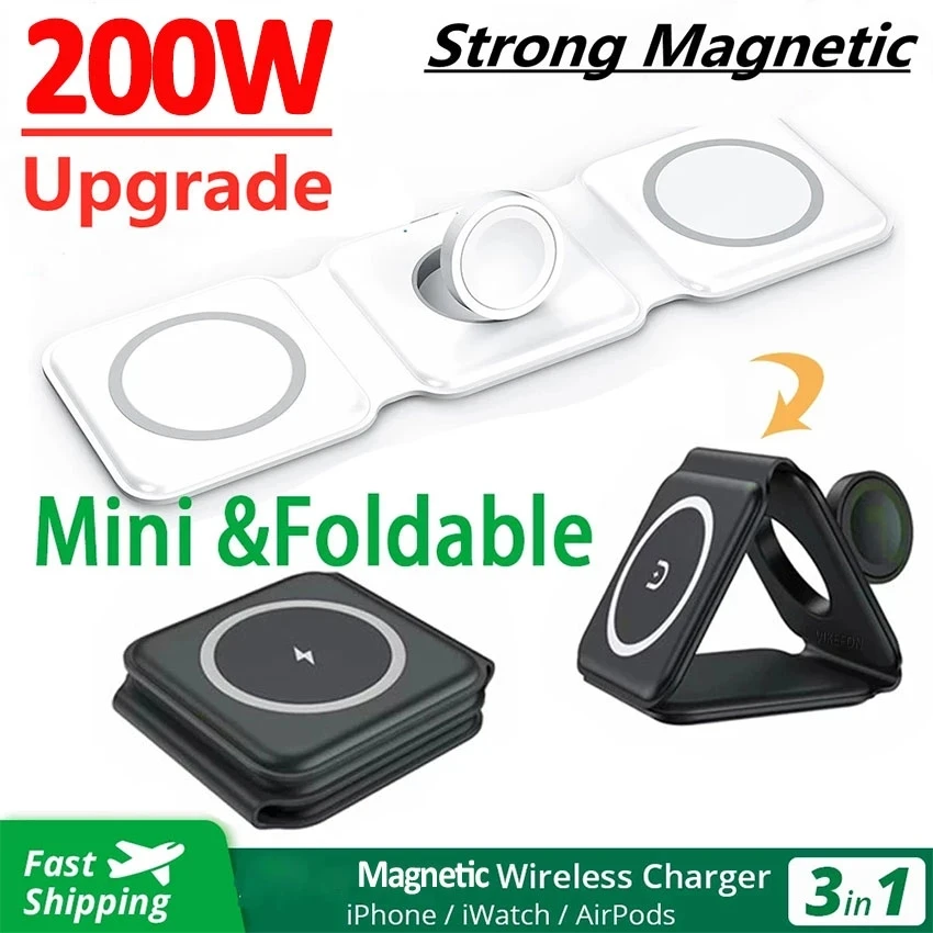 Беспроводная зарядная док-станция 3 в 1, 200 Вт, магнитная док-станция для быстрой беспроводной зарядки для iPhone 14 13 12 11 X Apple Watch Airpods