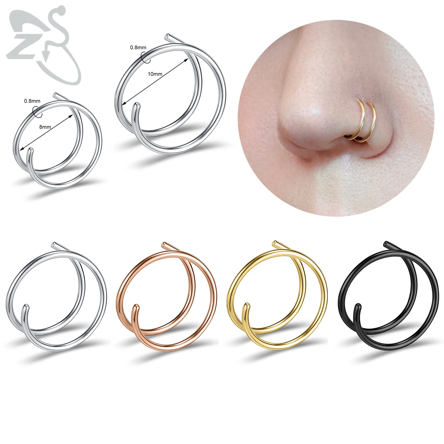 

ZS 1 PC Double Layers Stainless Steel Nose Ring For Women Men 20G Nose Hoop Rings Ear Cartilage Tragus Helix Piercings Jewelry