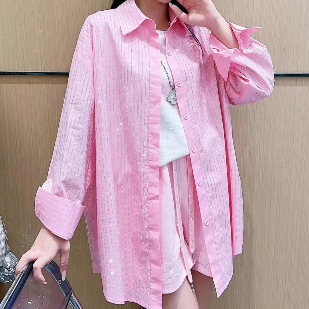 

Blingbling Hot Drilling Women Blouses 2023 New Spring Long Sleeve Loose Shirt Vertical Stripe Diamond Mid-long Pink Cardigan Top