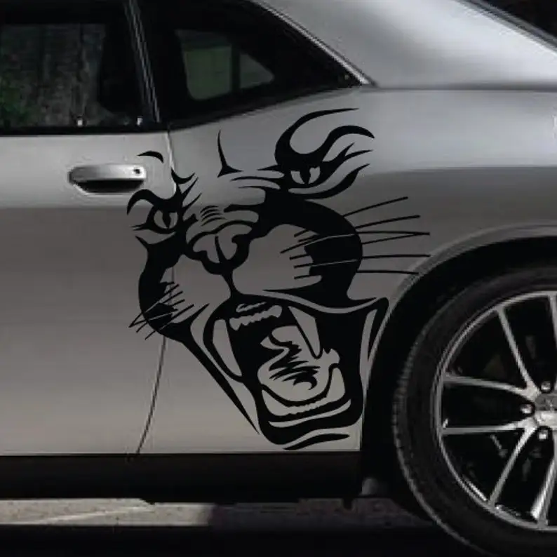 

INCLUDES Both Sides - Cat Running Fits HellCat Challenger Tribal Vintage Tattoo Door Pickup Truck Vehicle Car Decal Graphic Side
