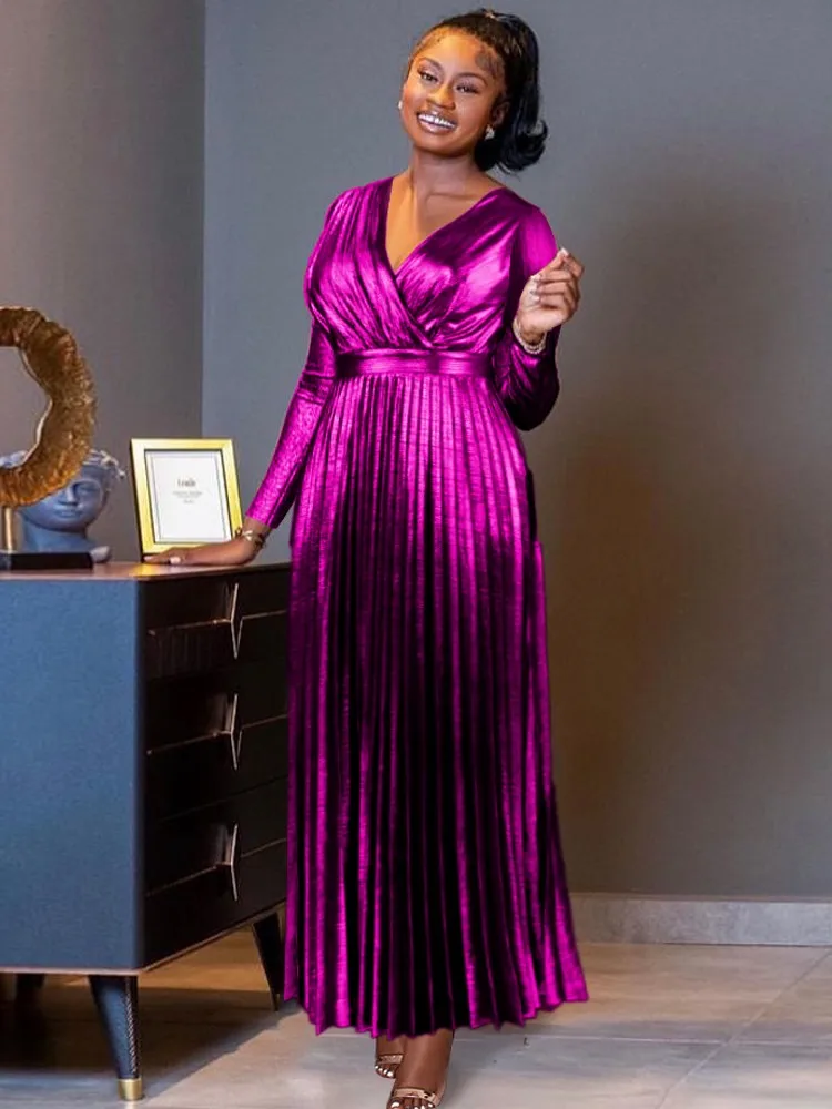 

African Dresses For Women Evening Spring Elegant Long Pleated Flowy Luxury Metallic Shimmer Backless Fit Flare Prom Party Robe