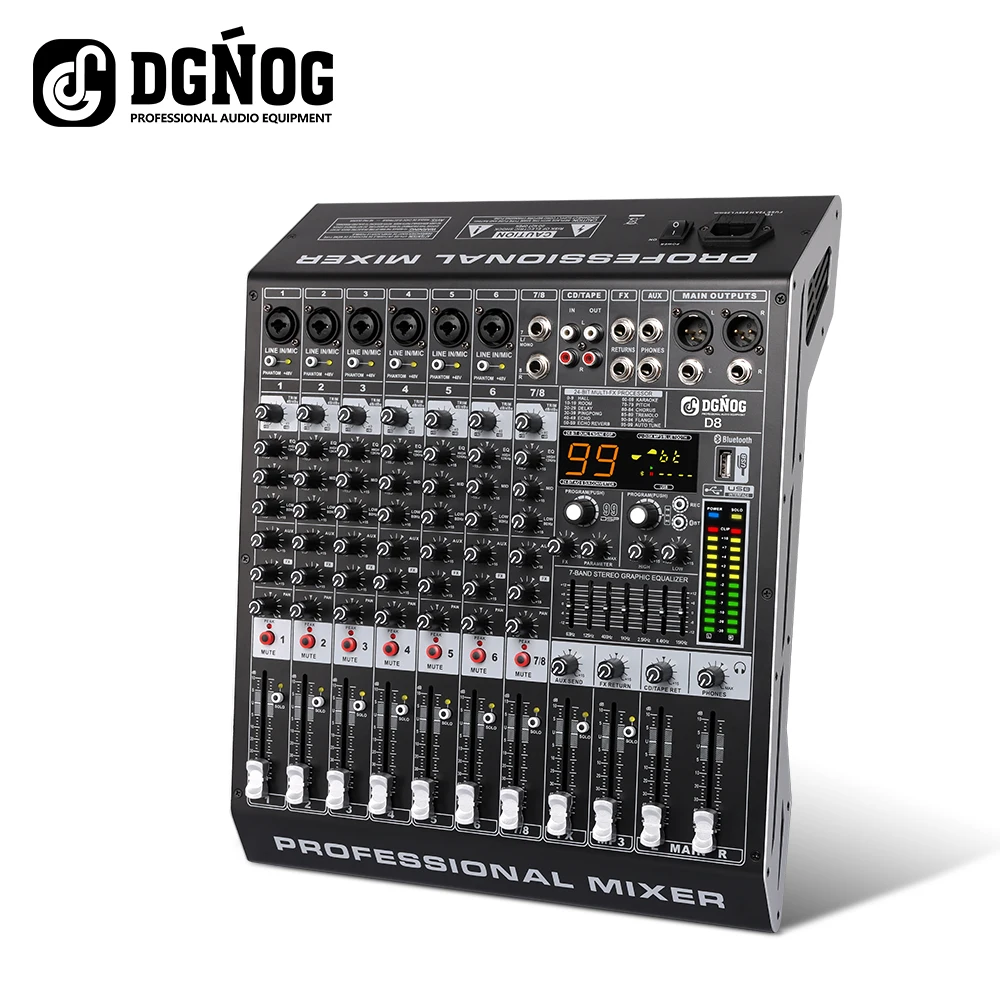 

DGNOG D8 8 Channel Sound Mixer 99 DSP Professional Audio Mixer Bluebooth USB 48V for DJ Mixing Console Karaoke Recording Studio