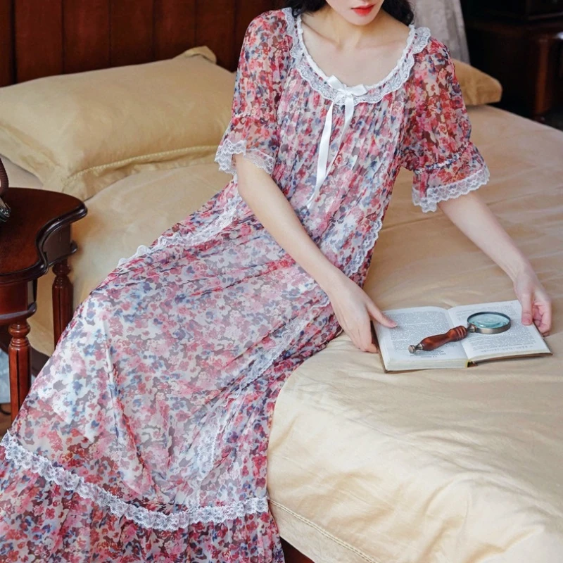 

Night Dress Women Lace Long Peignoir Floral Print Modal Mesh Princess Romantic Nightgowns Sleepwear Vintage Victorian Nightie