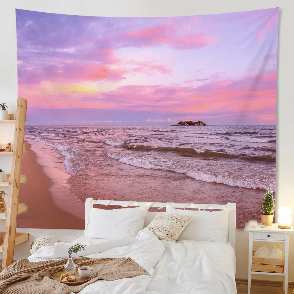 

Summer Seaside Sunset Tapestry Pink Purple Sky Tapestries Natural Scenery Wall Blanket Cloth Living Room Bedroom Wall Hanging