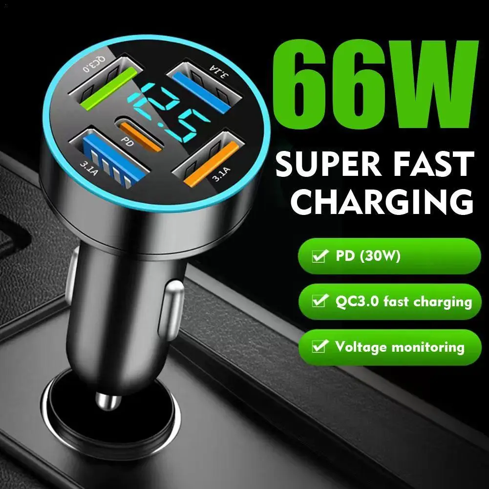 

4 Ports USB PD Quick Car Charger 66W QC3.0 Type C Fast Charging Car Adapter Cigarette Lighter Socket Splitter For IPhone O9W9