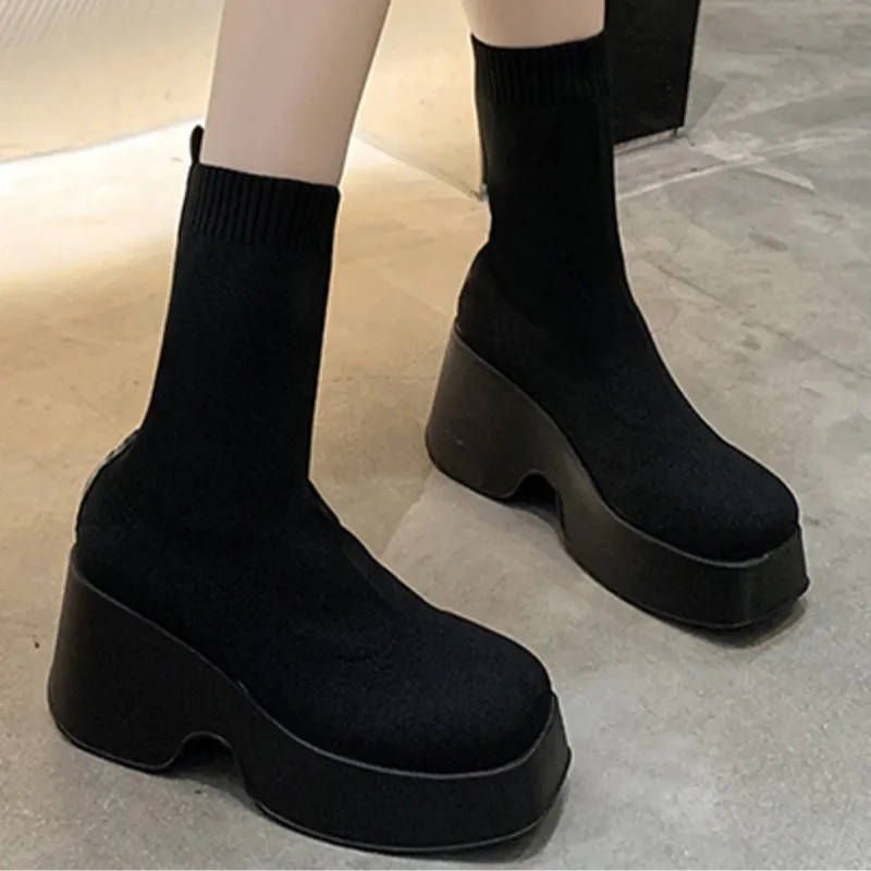 

Женские вязаные ботинки-носки на высоком каблуке, массивные Ботинки Челси с квадратным носком, новая трендовая модная зимняя обувь до щиколотки на платформе с переплетением, 2023