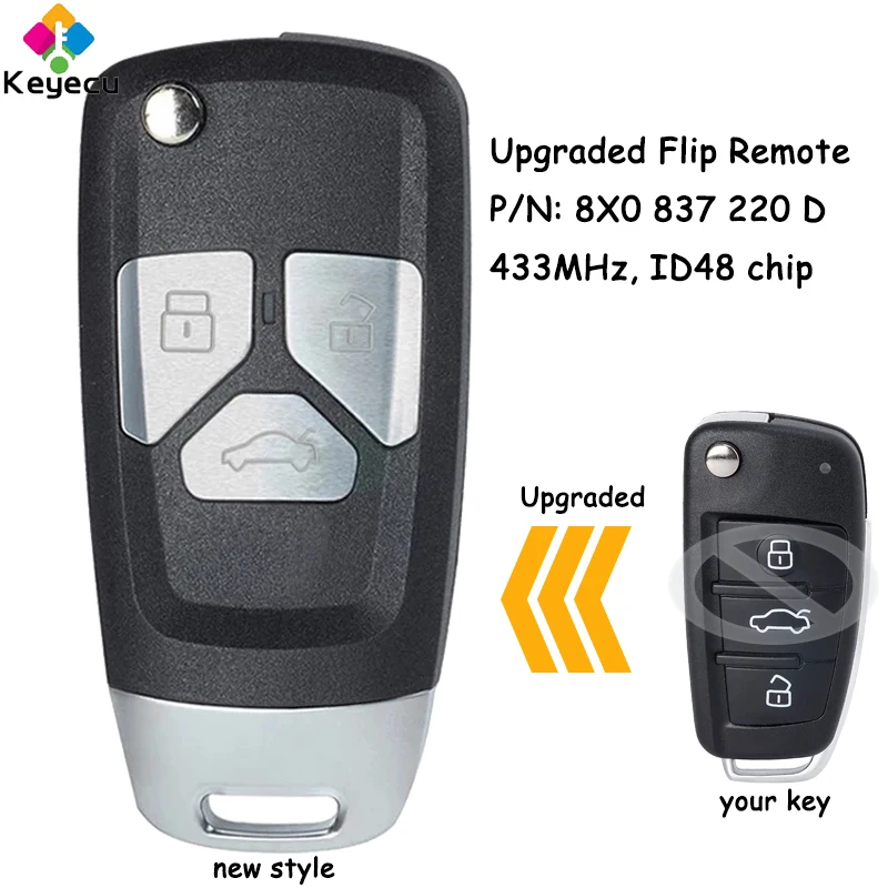 KEYECU Upgraded Flip Remote Control Car Key With 3 Buttons 434MHz ID48 Chip for Audi A1 TT R8 Q3 2009-2014 Fob PN: 8X0 837 220 D
KEYECU Upgraded Flip Remote Control Car Key With 3 Buttons 434MHz ID48 Chip for Audi A1 TT R8 Q3 2009-2014 Fob PN: 8X0 837 220 D