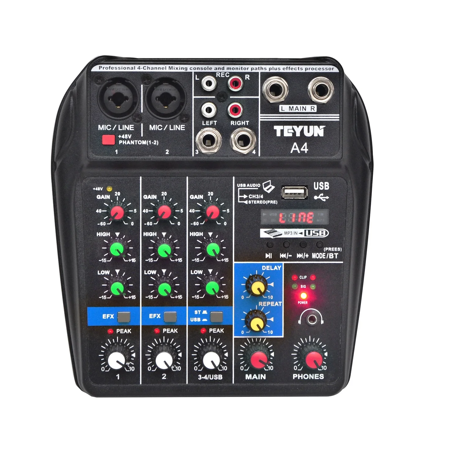 A4 Multi-purpose Audio Mixer with Bluetooth Record 4 Channels Input Mic Line Insert Stereo USB Playback Sound Card
A4 Multi-purpose Audio Mixer with Bluetooth Record 4 Channels Input Mic Line Insert Stereo USB Playback Sound Card