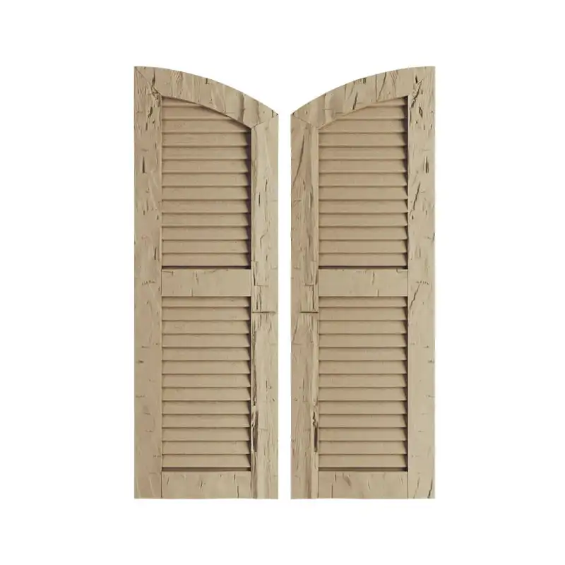 12"W x 24"H (20" Low Side) Timberthane Hand Hewn Two Equal Louver w/Elliptical Top Faux Wood Shutters (Per Pair), Primed Tan
12"W x 24"H (20" Low Side) Timberthane Hand Hewn Two Equal Louver w/Elliptical Top Faux Wood Shutters (Per Pair), Primed Tan