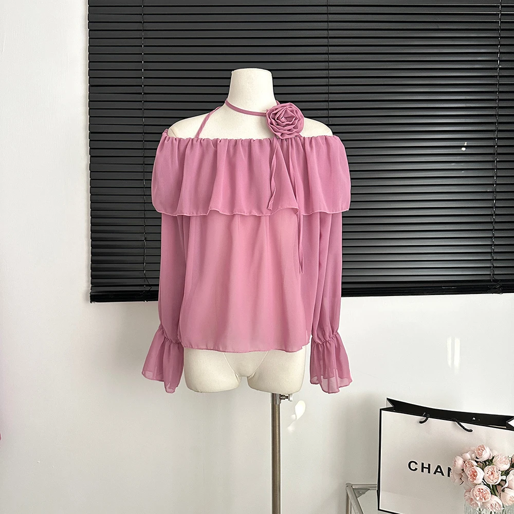 French Women Pullovers Flare Long Sleeve Ruffles Chiffon Blouses Fashion Three-Dimensional Flower Slash Neck Short Tops Mujer
French Women Pullovers Flare Long Sleeve Ruffles Chiffon Blouses Fashion Three-Dimensional Flower Slash Neck Short Tops Mujer