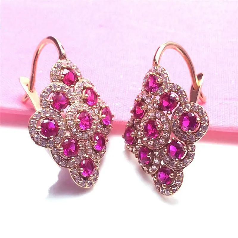 

585 Purple Gold Plated 14K Rose Gold Inlaid Ruby Rhombus Earrings for Women Chinese Fashion Elegant Dinner Party Jewelry Gift
