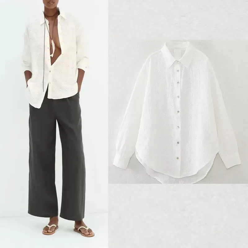 

TRAF Women White Cutwork Embroidery Shirt Long Sleeves Collared Blouses For Women Fashion 2023 Asymmetric Hem Button Chic Shirt