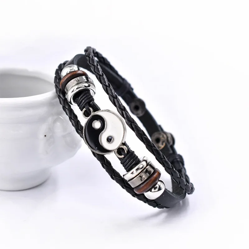 

Yin Yang Tai Chi Punk Leather Bracelets for Women Jewelry Vintage Multilayer Weave Beaded Snap Button Bracelet Bangles for Men