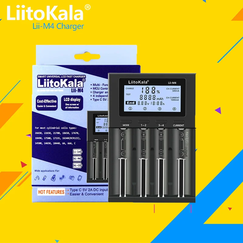 

1-5PCS LiitoKala Lii-M4 18650 Smart Charger LCD Display for 26650 21700 32650 20700 21700 16340 CR123A 18500 AA AAA battery