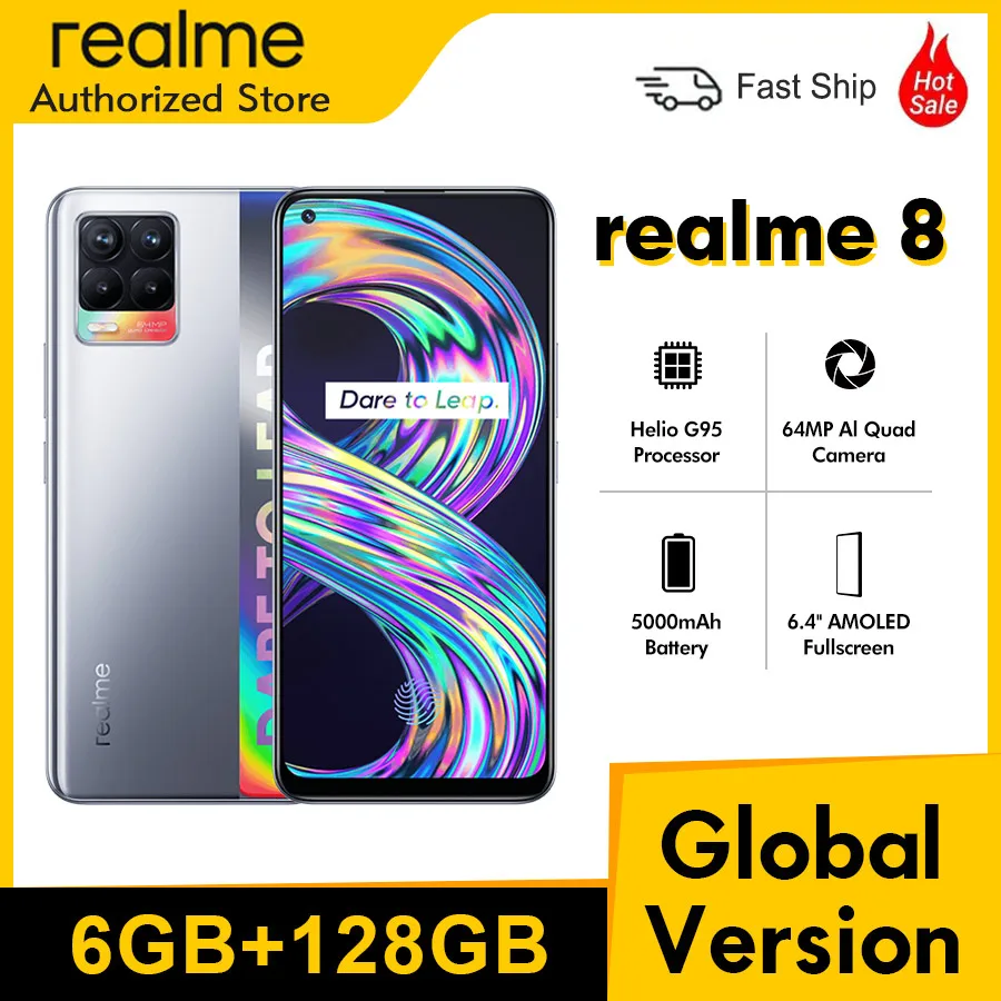 

Global Version realme 8 6.4"FHD+ AMOLED Display 6GB 128GB 64MP Quad Camera Helio G95 5000mAh Battery 30W Charge Mobile