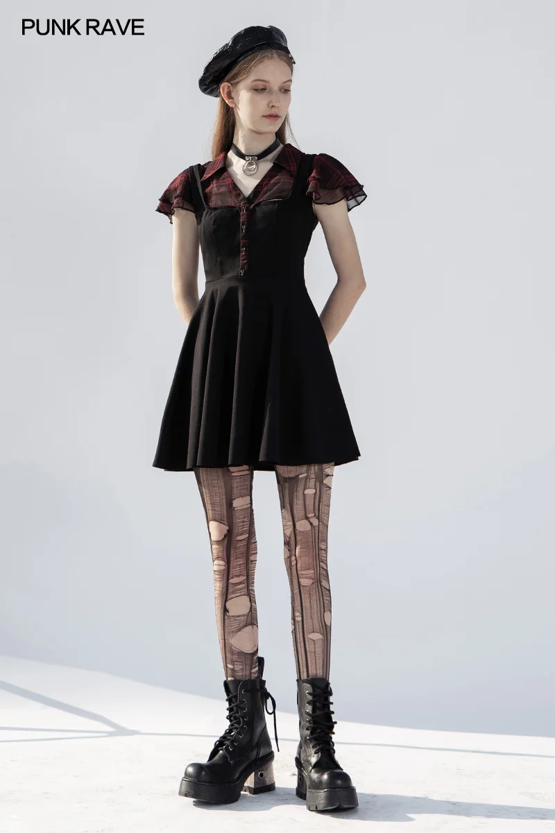 

Short Sleeves Black Dress Ghost Rivets Ruffle V-neck Fashion Sexy Plaid Splicing Dresses RAVE Women's Gothic Daily A-line PUNK