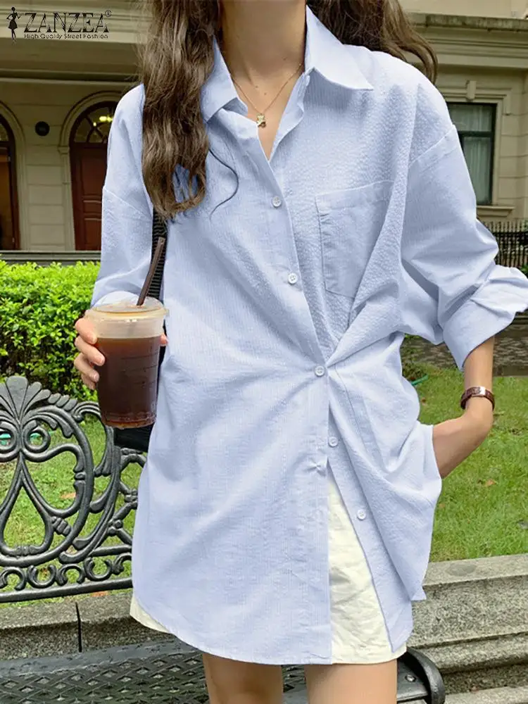 Модные полосатые рубашки ZANZEA, Женская Асимметричная блузка, элегантные рабочие офисные блузы, осенняя Повседневная рубашка с лацканами и пуговицами, туника оверсайз
Модные полосатые рубашки ZANZEA, Женская Асимметричная блузка, элегантные рабочие офисные блузы, осенняя Повседневная рубашка с лацканами и пуговицами, туника оверсайз