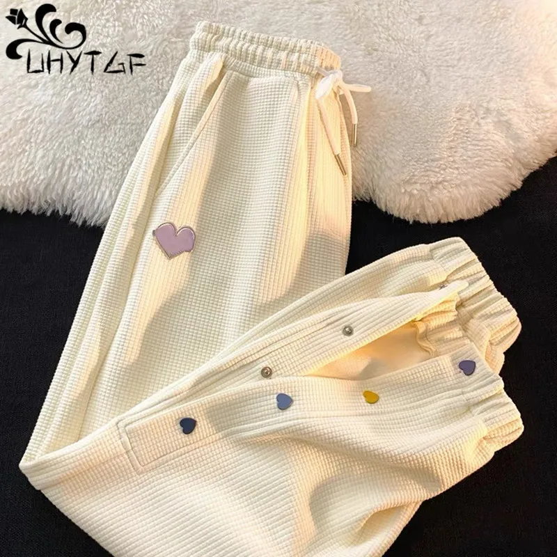 UHYTGF Casual Pants Female Spring Autumn Love Heart Breasted Frenulum Trousers Korean Elastic Waist Bunched Feet Women's Pants92
UHYTGF Casual Pants Female Spring Autumn Love Heart Breasted Frenulum Trousers Korean Elastic Waist Bunched Feet Women's Pants92