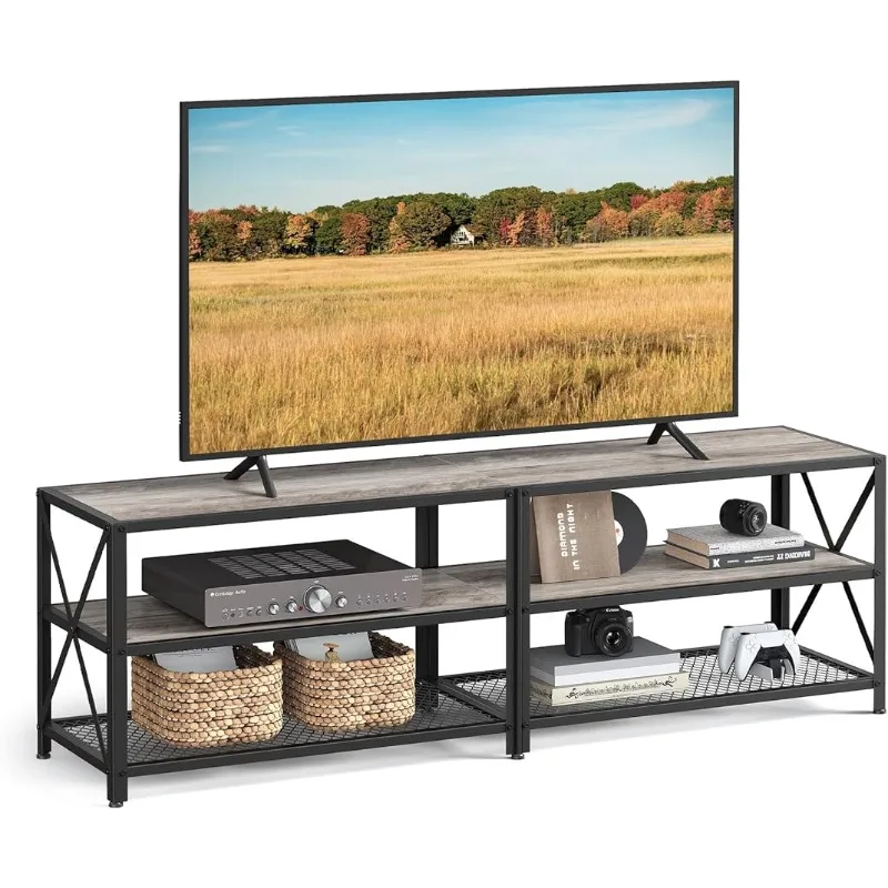 

ТВ-столик, ширина 55,1 дюйма, шкафчик для телевизора с полками для хранения, стальная рама, для гостиной, спальни, Greige и черного цвета ULTV094B02