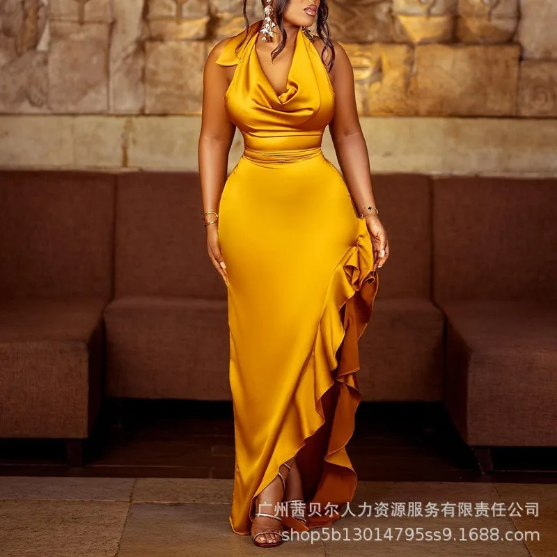 

Женское привлекательное официальное платье 2023, женское облегающее платье с лямкой на шее и оборками, элегантное платье без рукавов с разрезом и асимметричным подолом