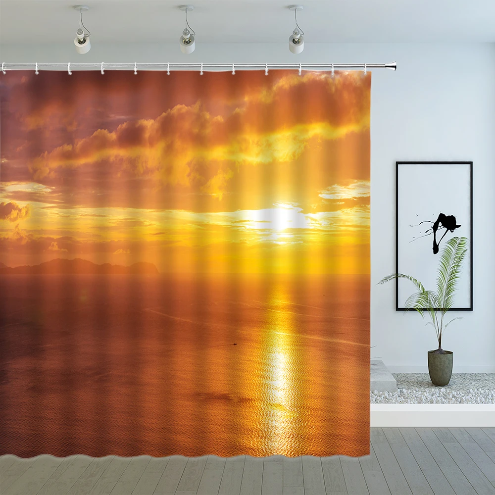 

Sunlight Ocean Scenery Shower Curtain Decor Waterproof Fabric Palm Tree Beach Dusk Sunset Natural Landscape Bathroom Bath Screen