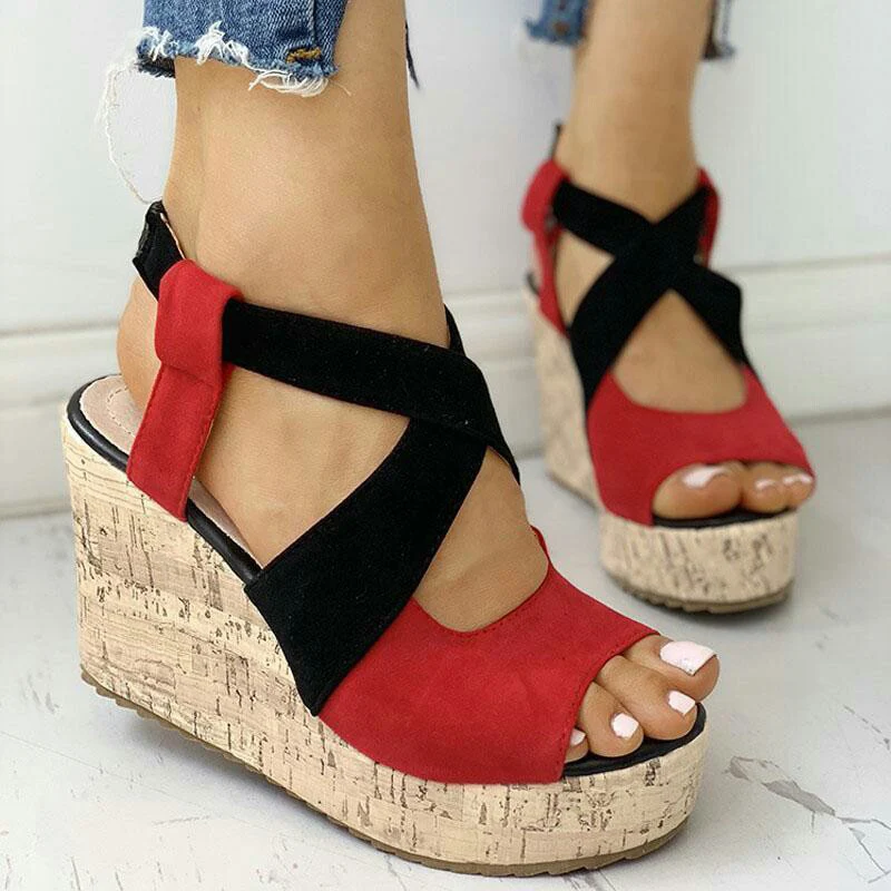 

Cross-tied Wedges High Heels Sandals Women Peep Toe Flock Platform Gladiator Shoes Woman Ankle Strap Mix Color Sandalias Mujer