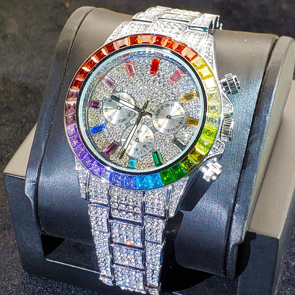 Мужские кварцевые часы с хронографом, водонепроницаемые часы из нержавеющей стали с радужным Сапфиром И бриллиантовой рамкой, 2022 
Мужские кварцевые часы с хронографом, водонепроницаемые часы из нержавеющей стали с радужным Сапфиром И бриллиантовой рамкой, 2022