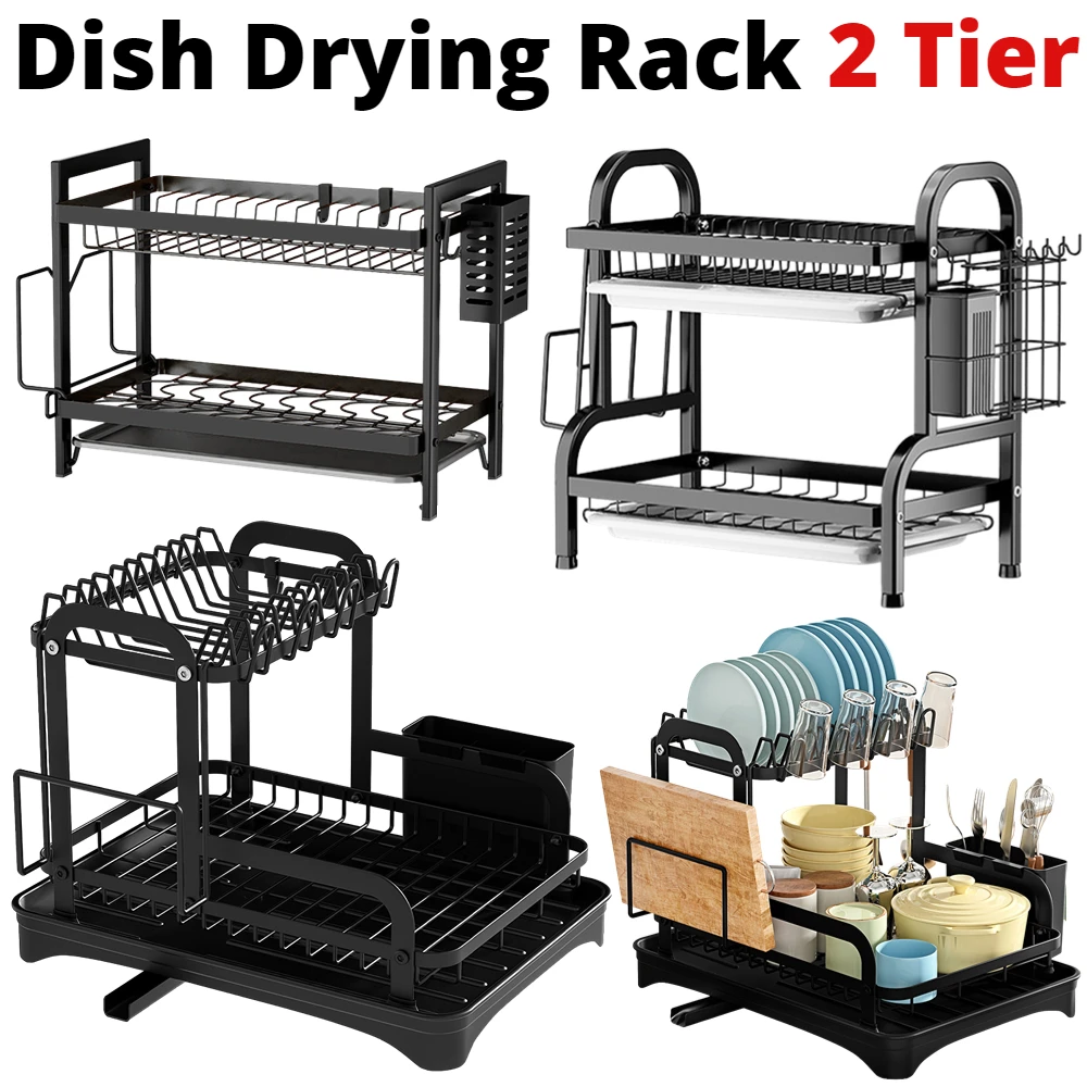 

2Tier Dish Drying Rack with Drip Tray Cutlery Drainer Rack with Drain Basket Kitchen Sink Holder Countertop Dinnerware Organizer
